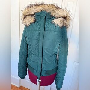 American Eagle Outfitters Teal Puffer Jacket with Faux Fur Hood